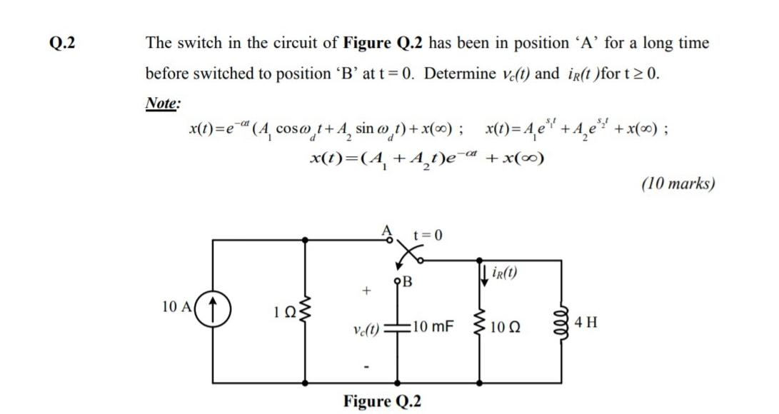 Solved Q.2 The switch in the circuit of Figure Q.2 has been | Chegg.com