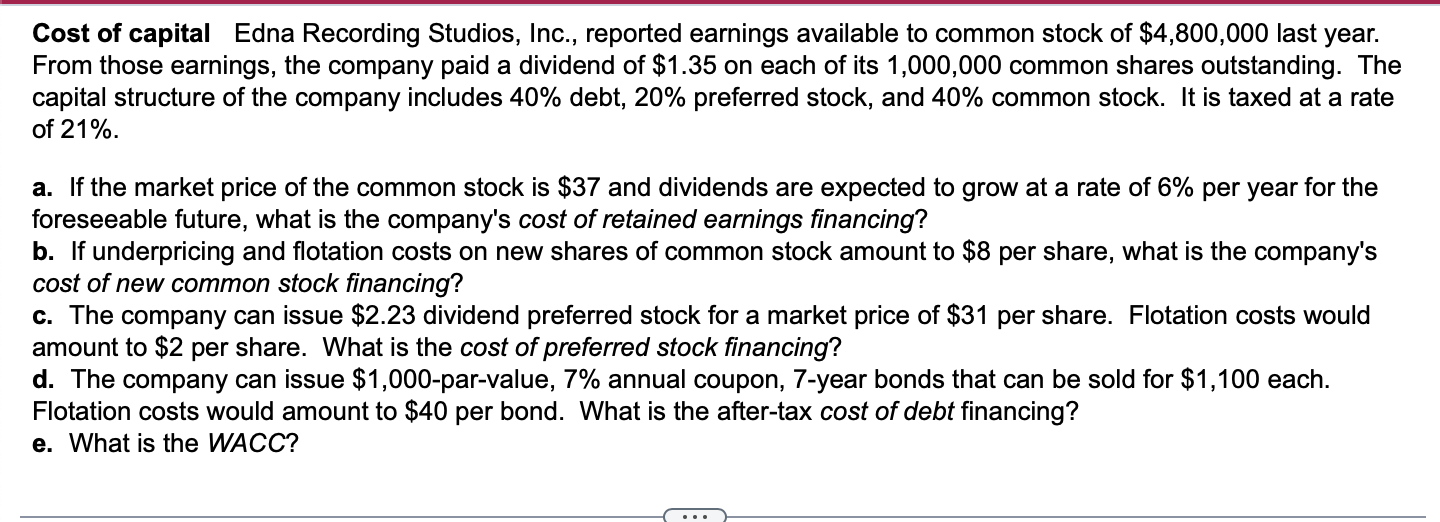 Solved Cost of capital Edna Recording Studios, Inc., | Chegg.com