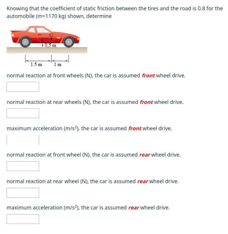 Knowing that the coefficient of static friction between the tires and the road is \( 0.8 \) for the automobile \( (m=1170 \ma