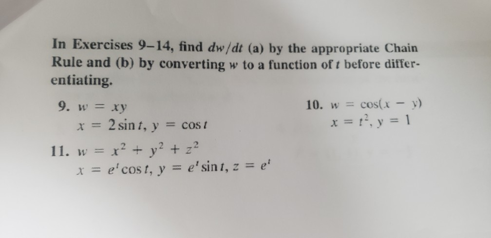Solved In Exercises 9-14, find dw/dt (a) by the appropriate | Chegg.com