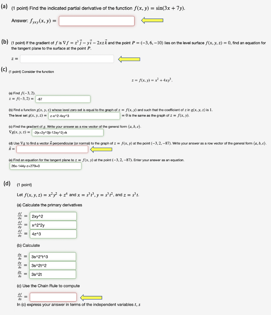 Solved (a) (1 point) Find the indicated partial derivative | Chegg.com