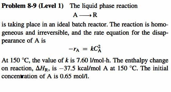 Solved Problem 8-9 (Level 1) The Liquid Phase Reaction A R | Chegg.com