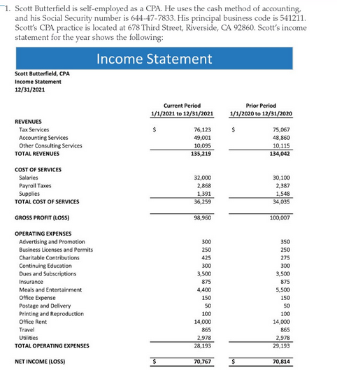 Solved 1 scott butterfield is self employed as a cpa he chegg