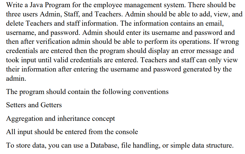Solved Write a Java Program for the employee management | Chegg.com