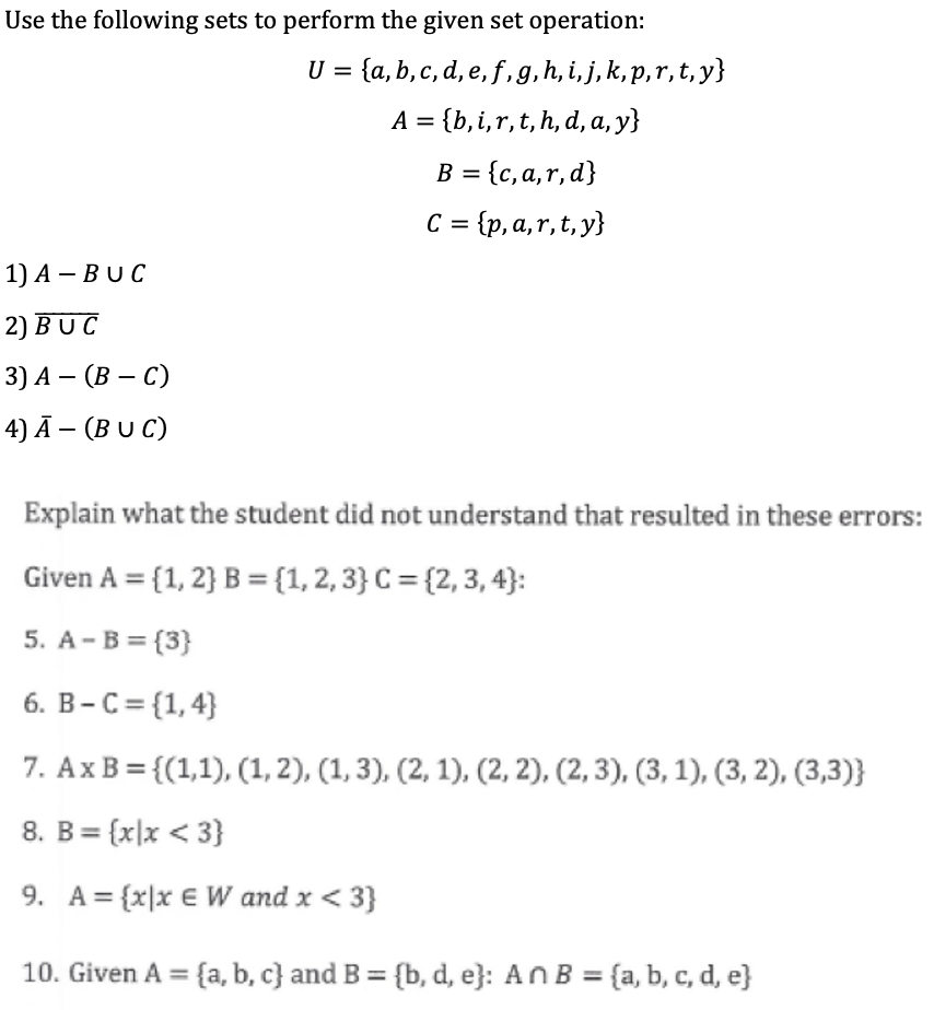 Solved Use The Following Sets To Perform The Given Set Chegg Com