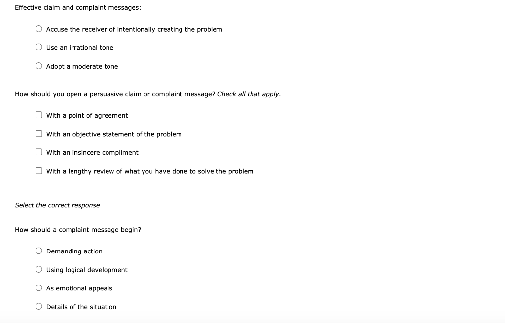 Solved Effective claim and complaint messages: O Accuse the | Chegg.com