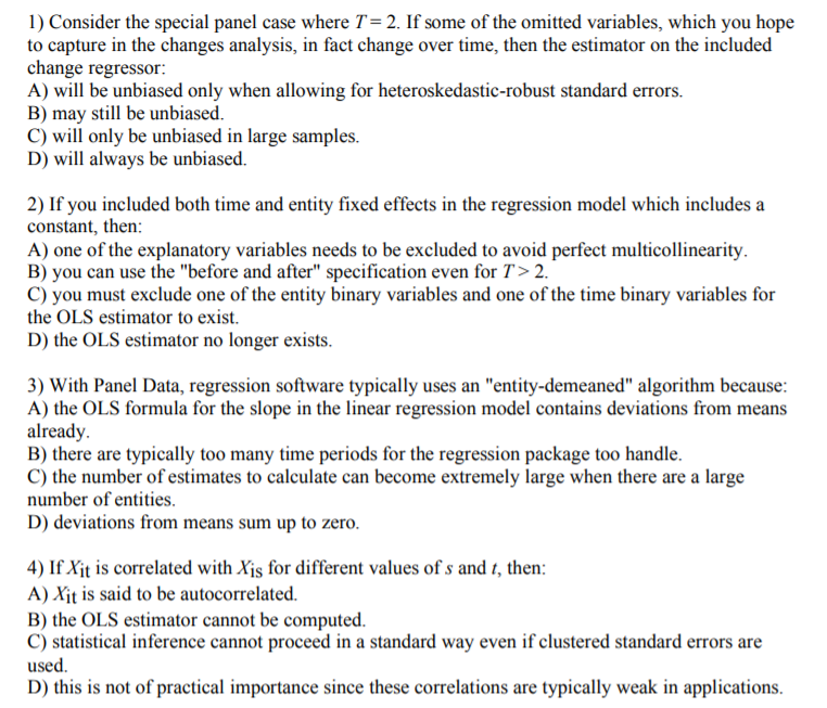 Solved 1) Consider the special panel case where T = 2. If | Chegg.com