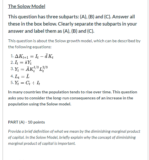 Solved The Solow Model This question has three subparts: | Chegg.com