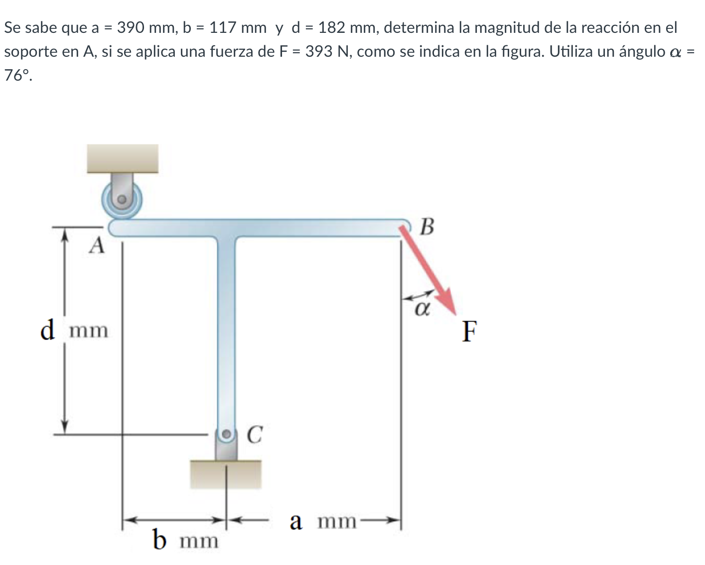 Se sabe que \( a=390 \mathrm{~mm}, b=117 \mathrm{~mm} \) y d = \( 182 \mathrm{~mm} \), determina la magnitud de la reacción e