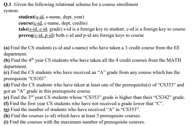 Solved Q.1 Given the following relational schema for a | Chegg.com