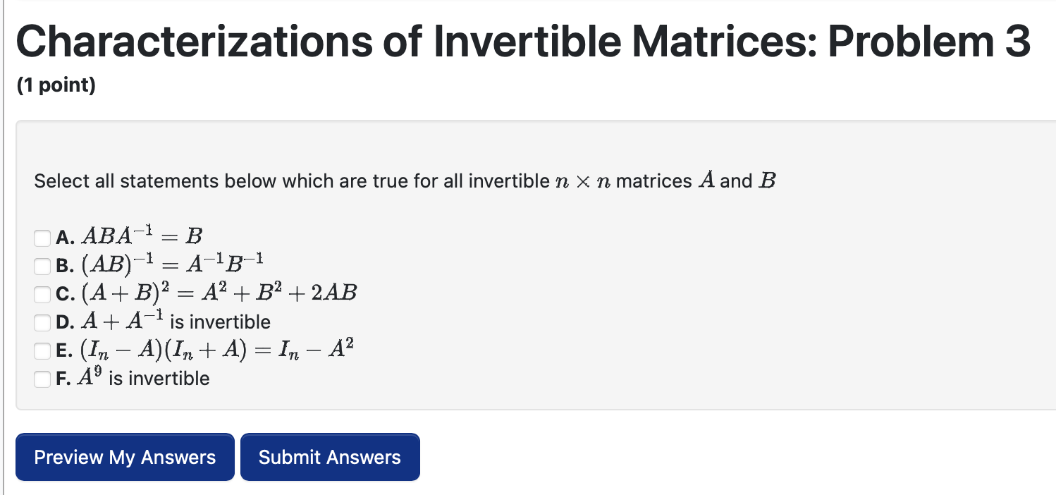 Solved Characterizations Of Invertible Matrices: Problem 3 | Chegg.com