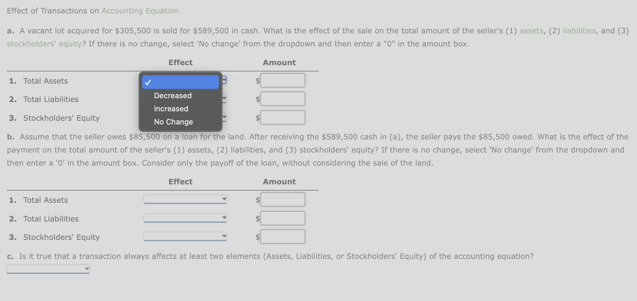 Solved Effect of Transactions on Accounting Equation a. A | Chegg.com