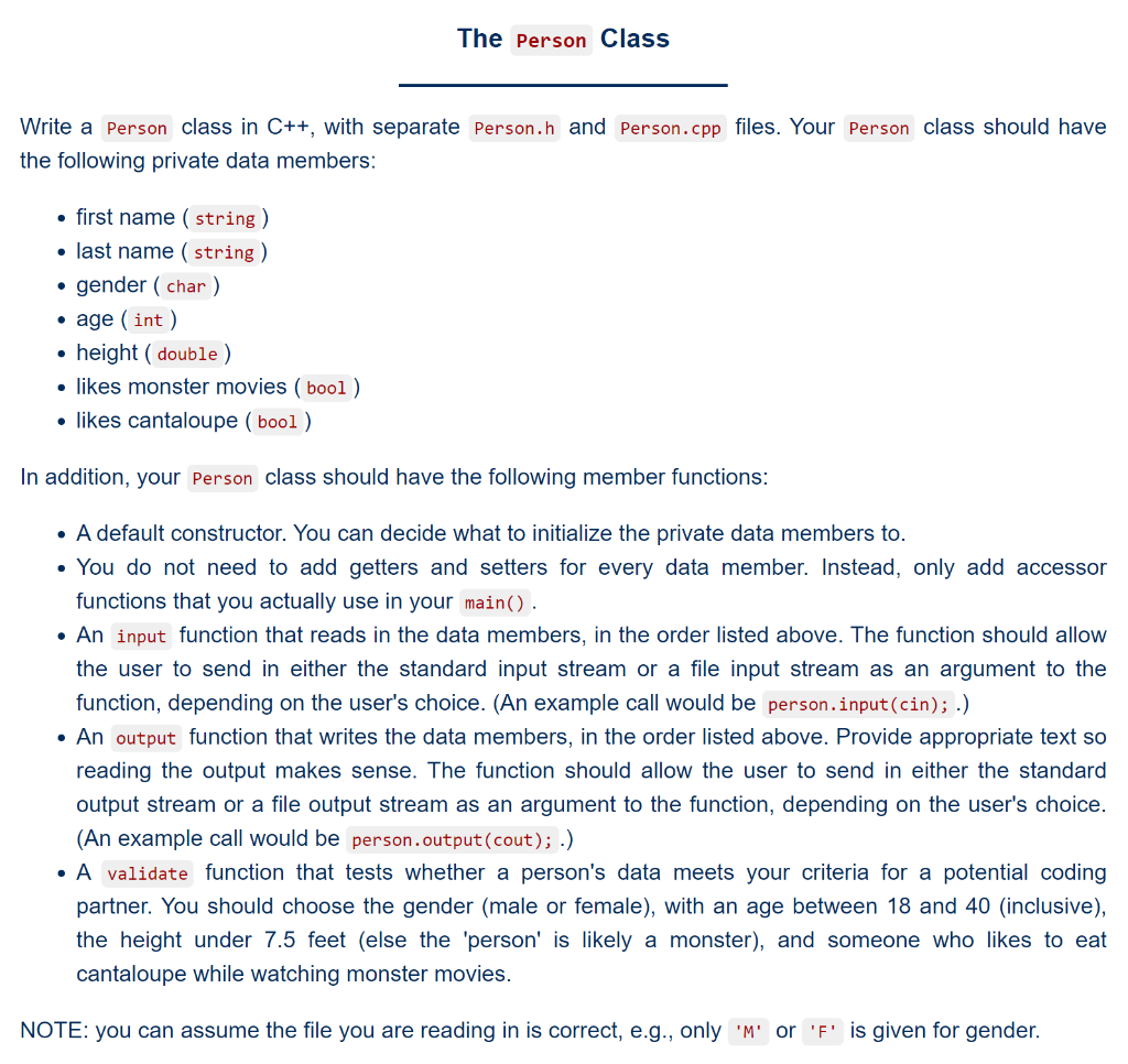 The Person Class Write a person class in C++, with | Chegg.com