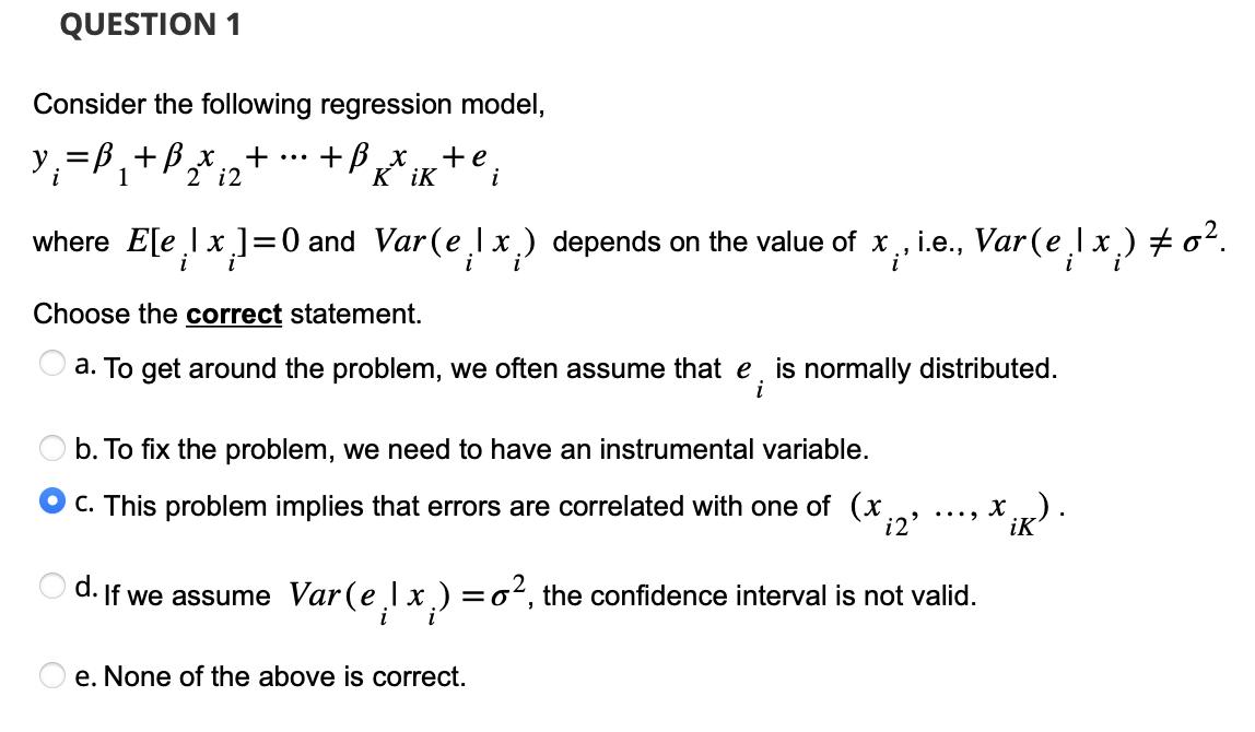 Solved Consider The Following Regression Model, Y Subscript | Chegg.com