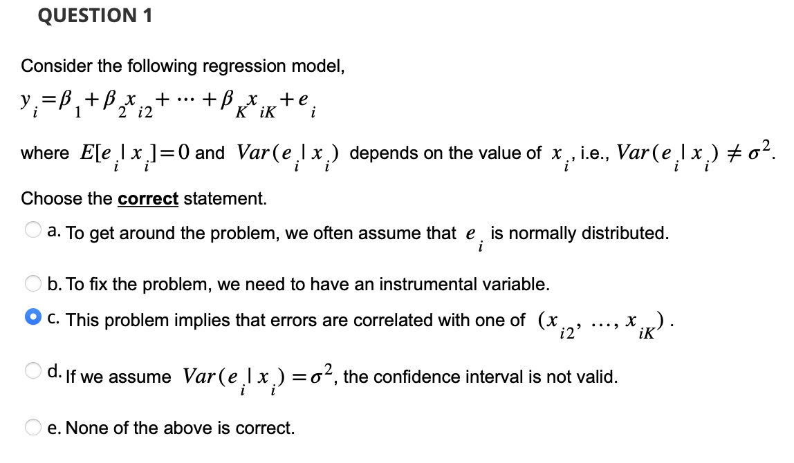 Solved Consider The Following Regression Model Y Subscript Chegg
