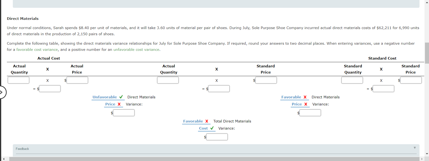 Solved Direct Materials Under normal conditions, Sarah