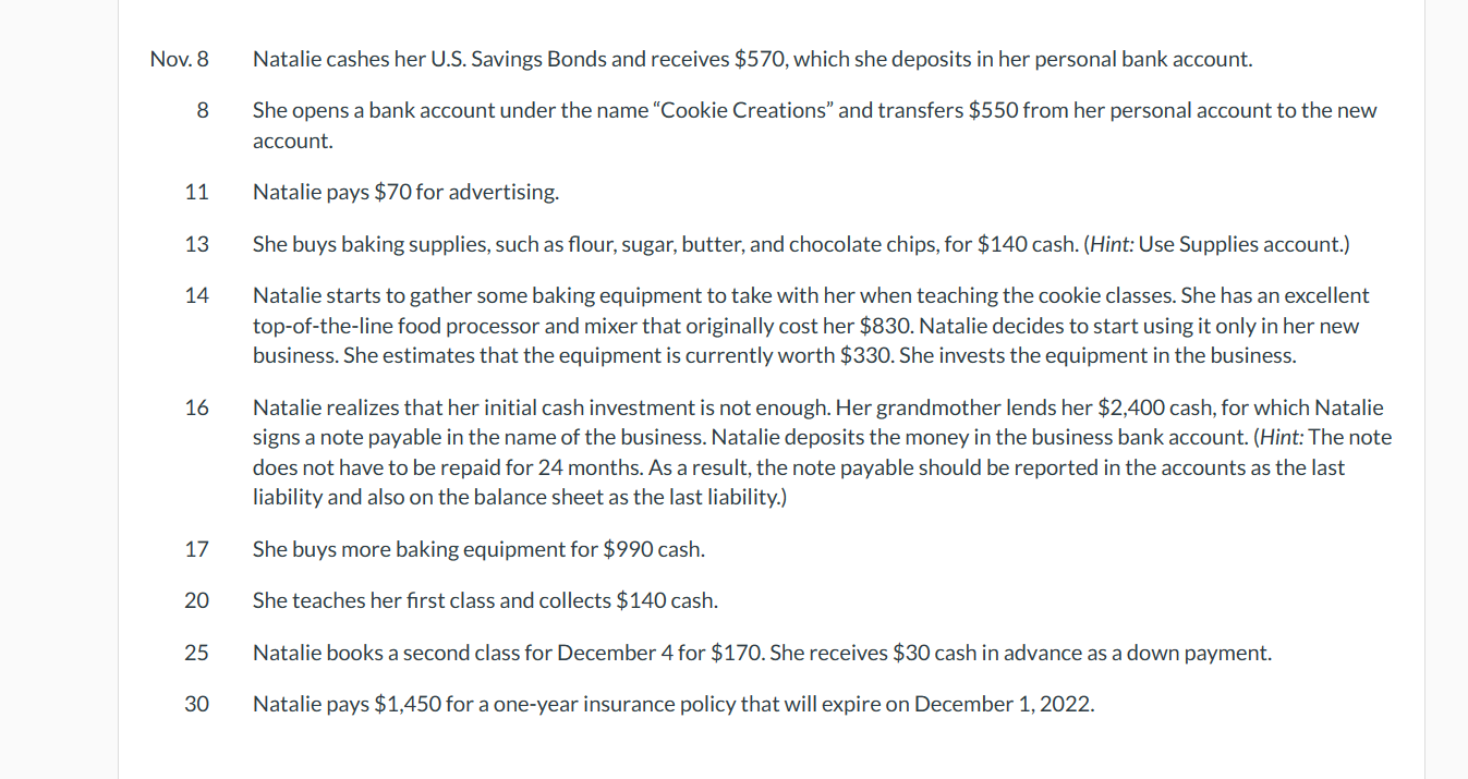 Nov. 8 Natalie cashes her U.S. Savings Bonds and receives \( \$ 570 \), which she deposits in her personal bank account.
8 Sh