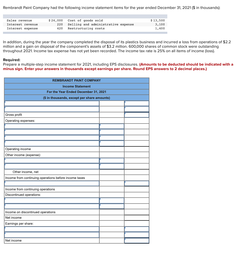 Solved Rembrandt Paint Company had the following income | Chegg.com