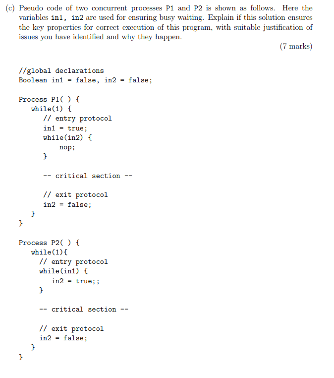 Solved (c) Pseudo code of two concurrent processes P1 and P2 | Chegg.com