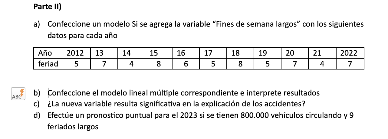 a) Confeccione un modelo Si se agrega la variable Fines de semana largos con los siguientes datos para cada año b) Confecci