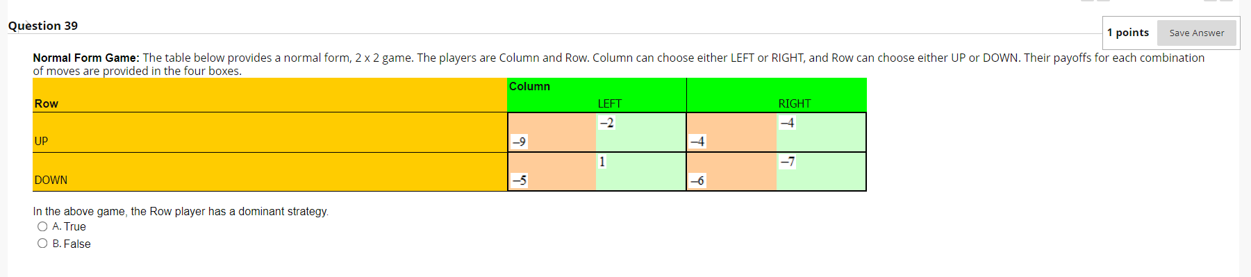 Solved Question 39 1 points Save Answer Normal Form Game: | Chegg.com