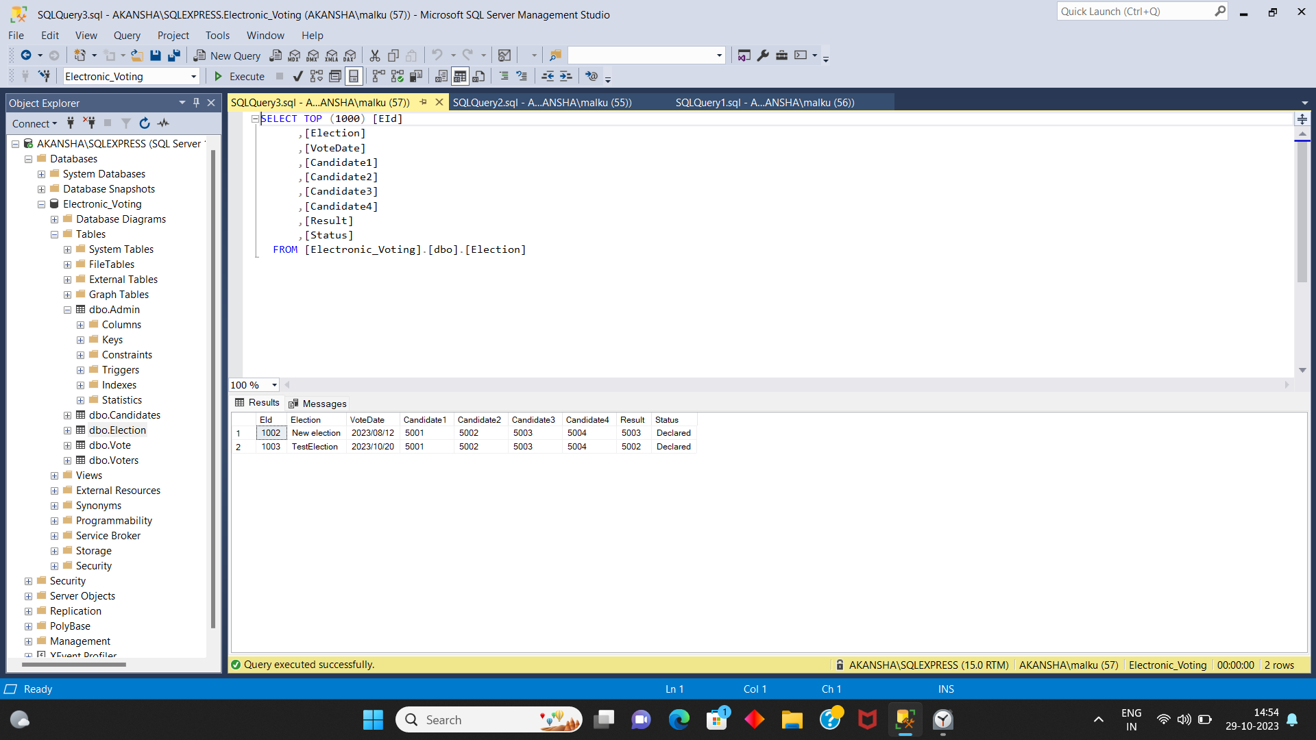 Solved SQLQuery3.sqI - AKANSHA\SQLEXPRESS.Electronic_Voting | Chegg.com