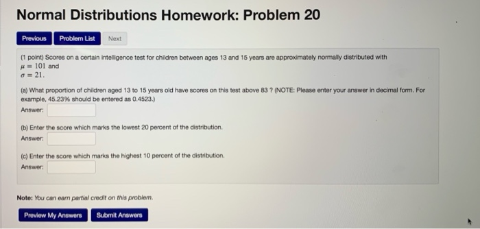 Solved Normal Distributions Homework: Problem 20 Previous | Chegg.com