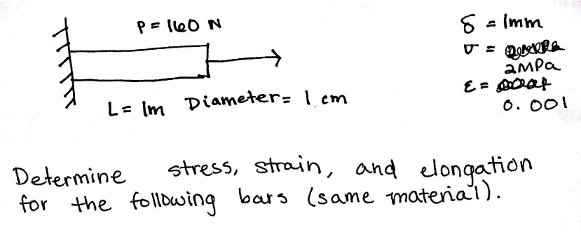 Determine stress, strain, and elongation for the following bars (same material).