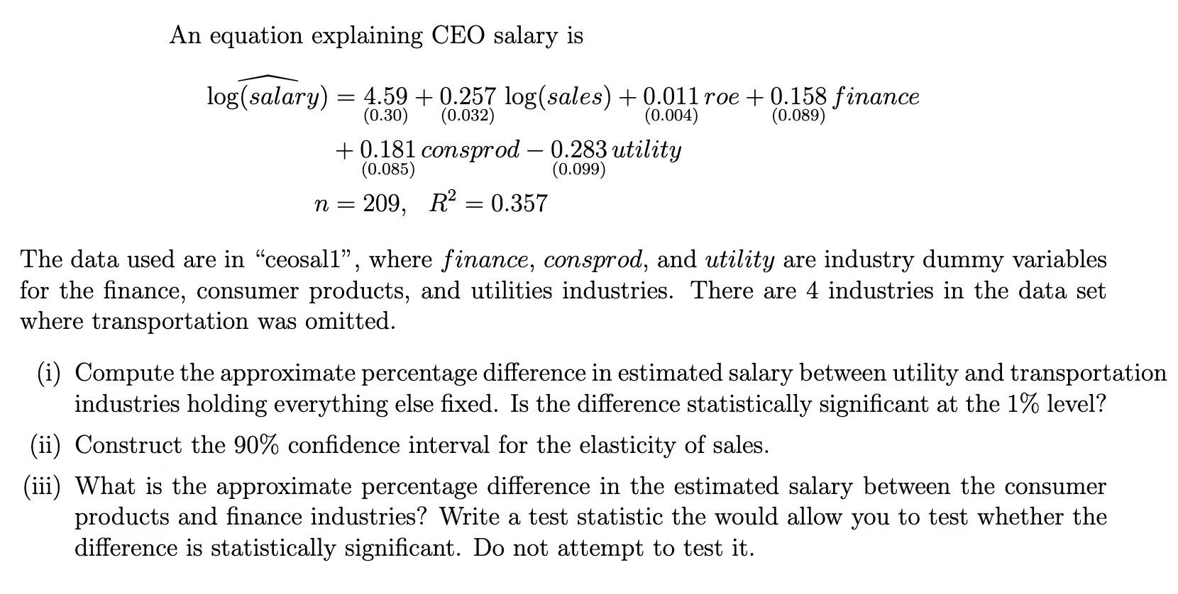 Solved An equation explaining CEO salary is log( salary | Chegg.com