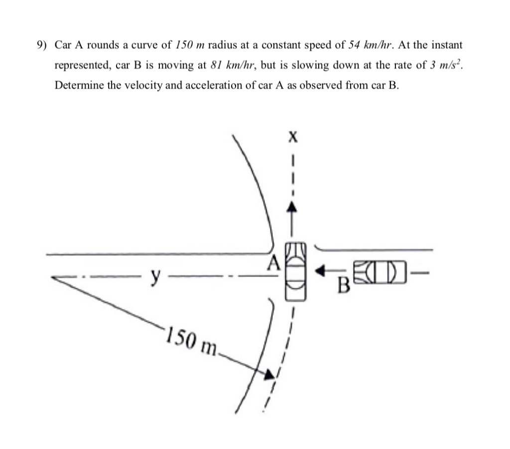 Solved 9) Car A rounds a curve of 150 m radius at a constant | Chegg.com