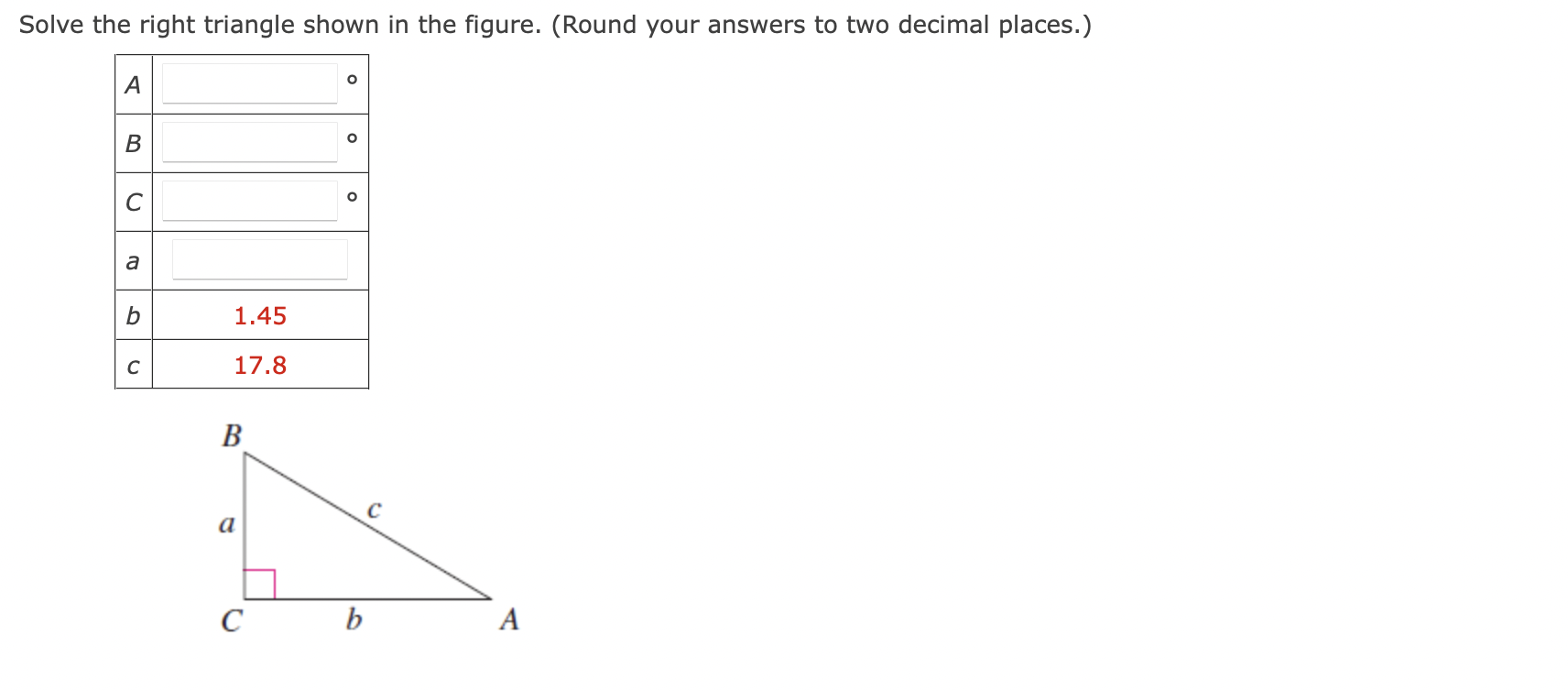 Solved Solve the right triangle shown in the figure. (Round | Chegg.com