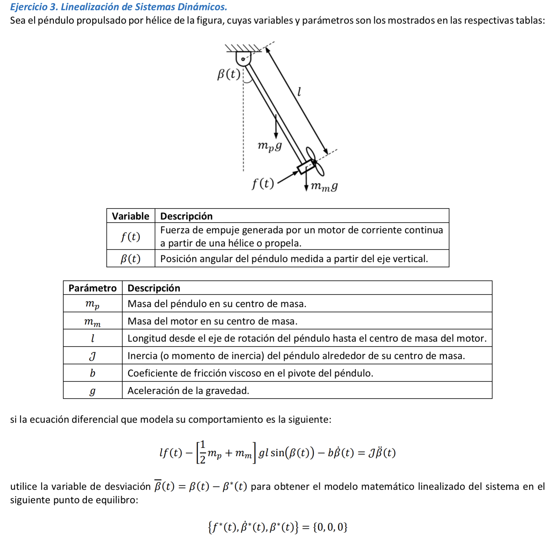 Ejercicio 3. Linealización de Sistemas Dinámicos. Sea el péndulo propulsado por hélice de la figura, cuyas variables y paráme