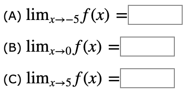 A) \( \lim _{x \rightarrow-5} f(x)= \) B) \( \lim _{x \rightarrow 0} f(x)= \) C) \( \lim _{x \rightarrow 5} f(x)= \)