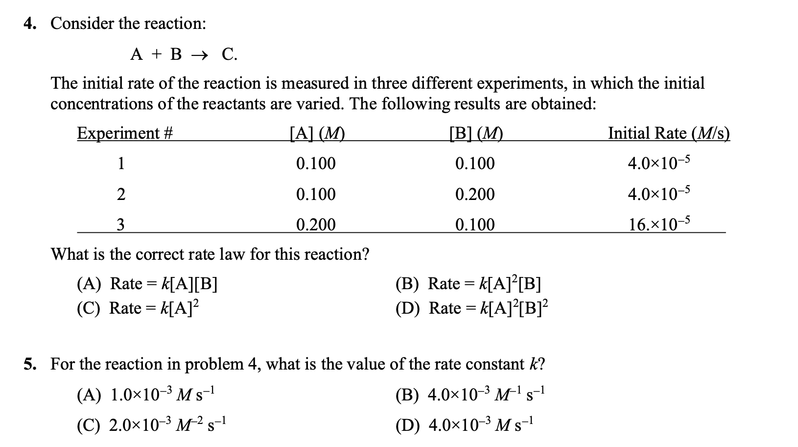 Solved 4. Consider The Reaction: A + B → C. The Initial Rate | Chegg.com