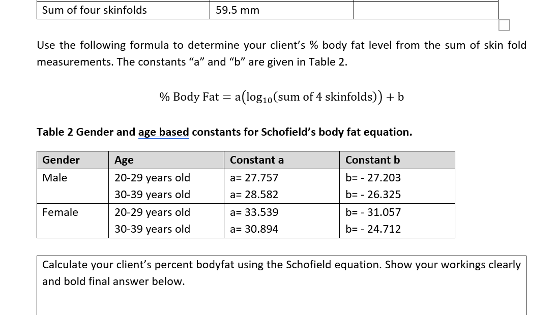 Solved Sum of four skinfolds 59.5 mm Use the following