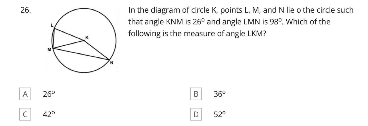 In the diagram of circle \( K \), points \( L, M \), and \( \mathrm{N} \) lie o the circle such that angle \( \mathrm{KNM} \)