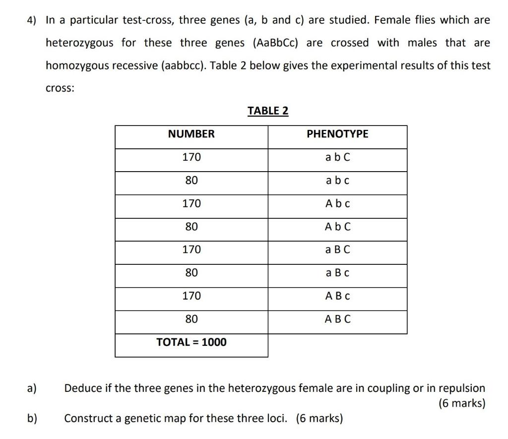 Solved 4) In A Particular Test-cross, Three Genes (a, B And | Chegg.com