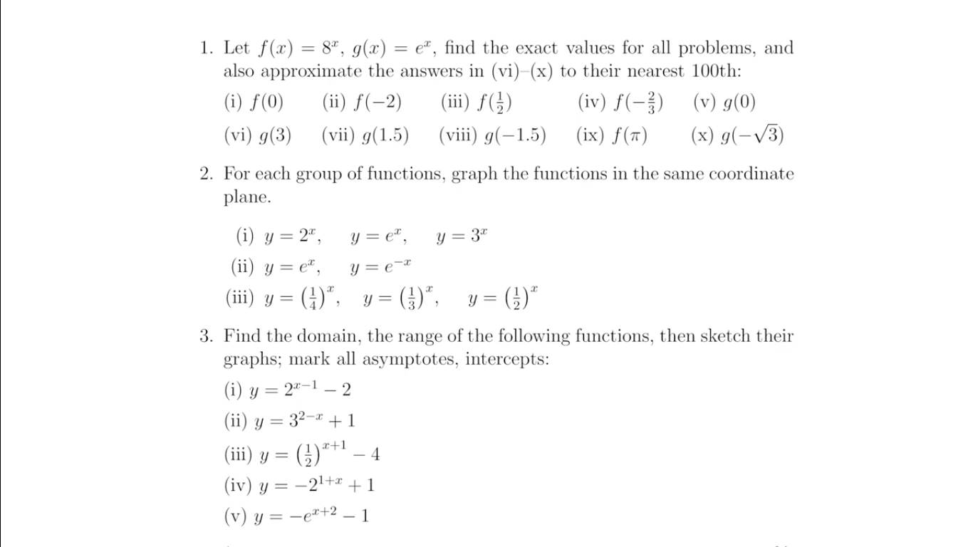 Solved 1. Let f(x)=8x,g(x)=ex, find the exact values for all | Chegg.com