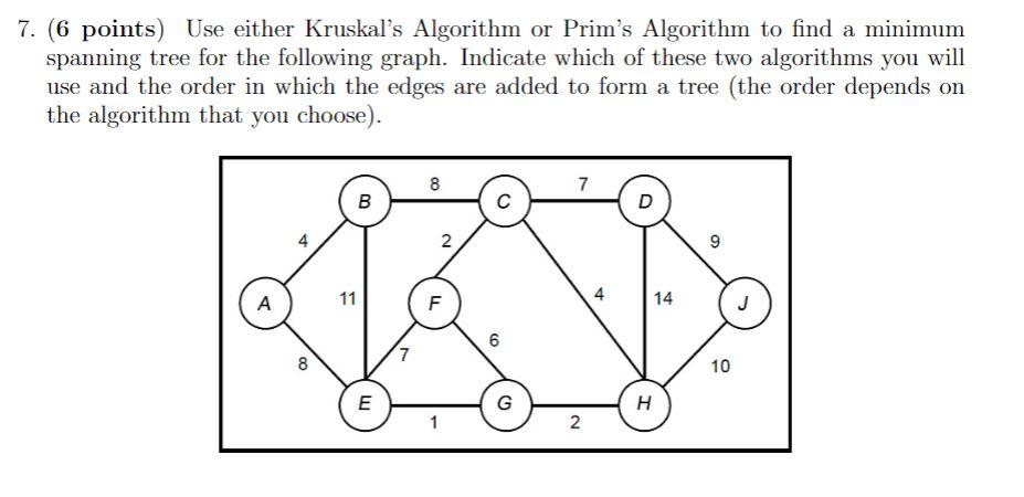 Solved 7. (6 points) Use either Kruskal's Algorithm or | Chegg.com