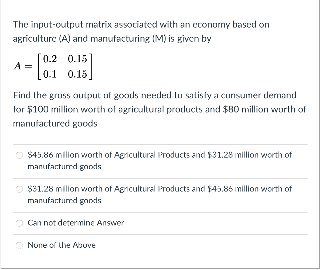 Solved The input-output matrix associated with an economy | Chegg.com