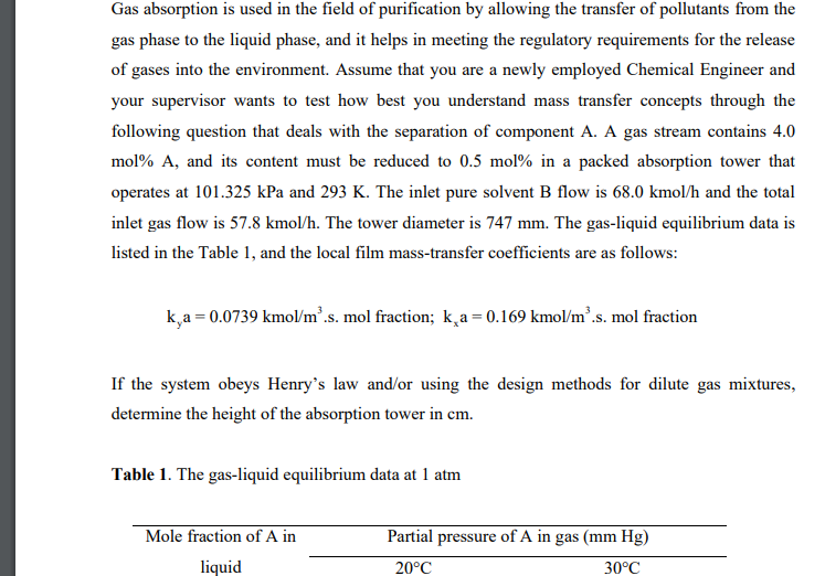 Solved Gas absorption is used in the field of purification | Chegg.com