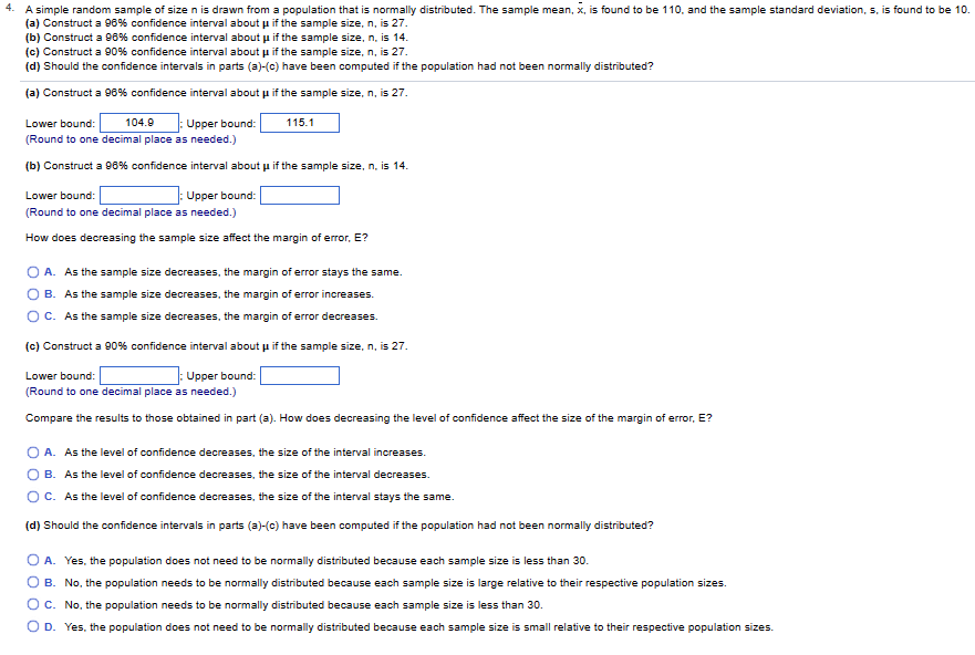 Solved (a) Construct a 96% confidence interval about μ if | Chegg.com