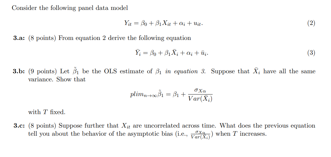 Solved Consider the following panel data model Yit = Bo + | Chegg.com