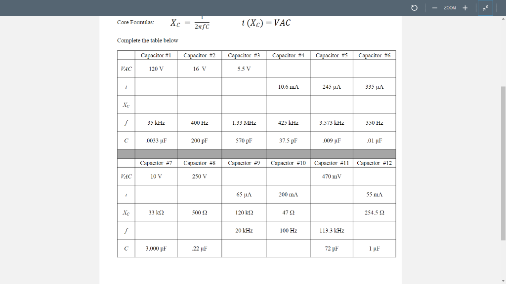 Solved Variables XC= Capacitive Reactance (Ohms) f=