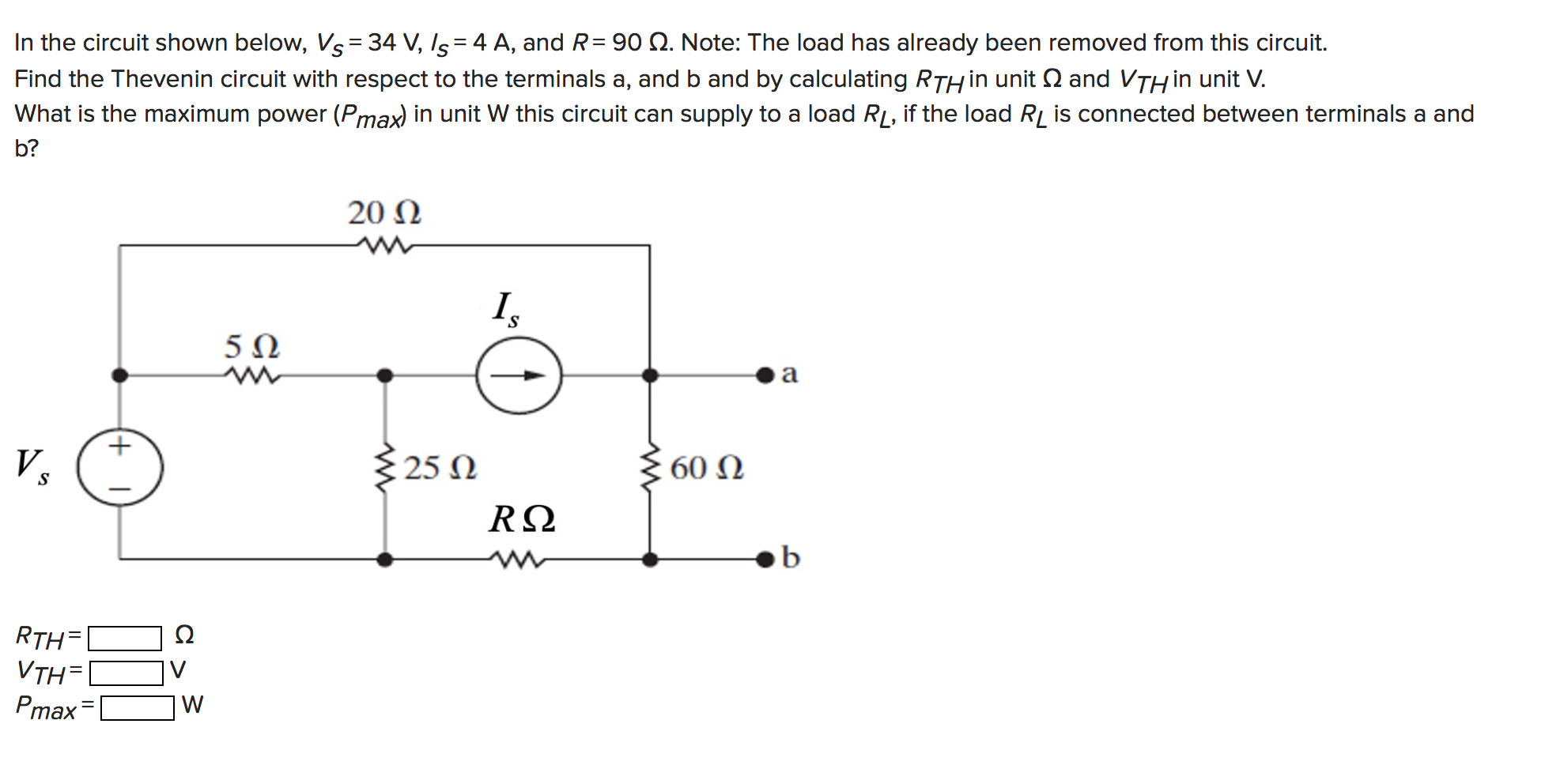 Solved In the circuit shown below, Vs = 34 V, 1s = 4 A, and | Chegg.com