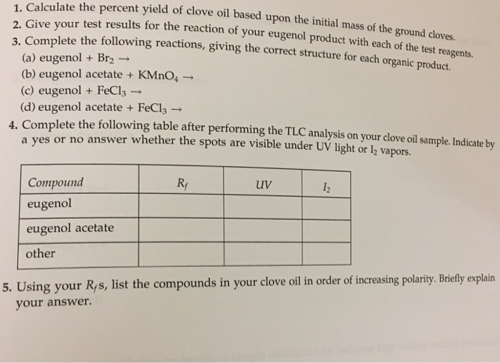 the percent yield of clove oil based upon the initial