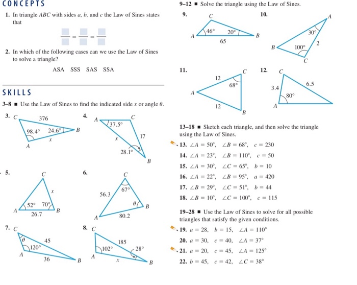 Solved CONCEPTS 9 12 Solve The Triangle Using The Law Of | Cheggcom