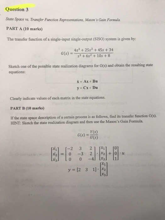 Solved Question 3 State Space vs. Transfer Function | Chegg.com