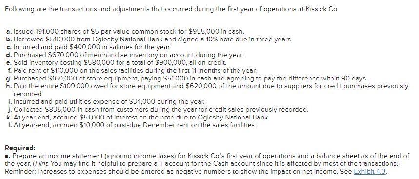 Following are the transactions and adjustments that occurred during the first year of operations at Kissick Co.
a. Issued 191