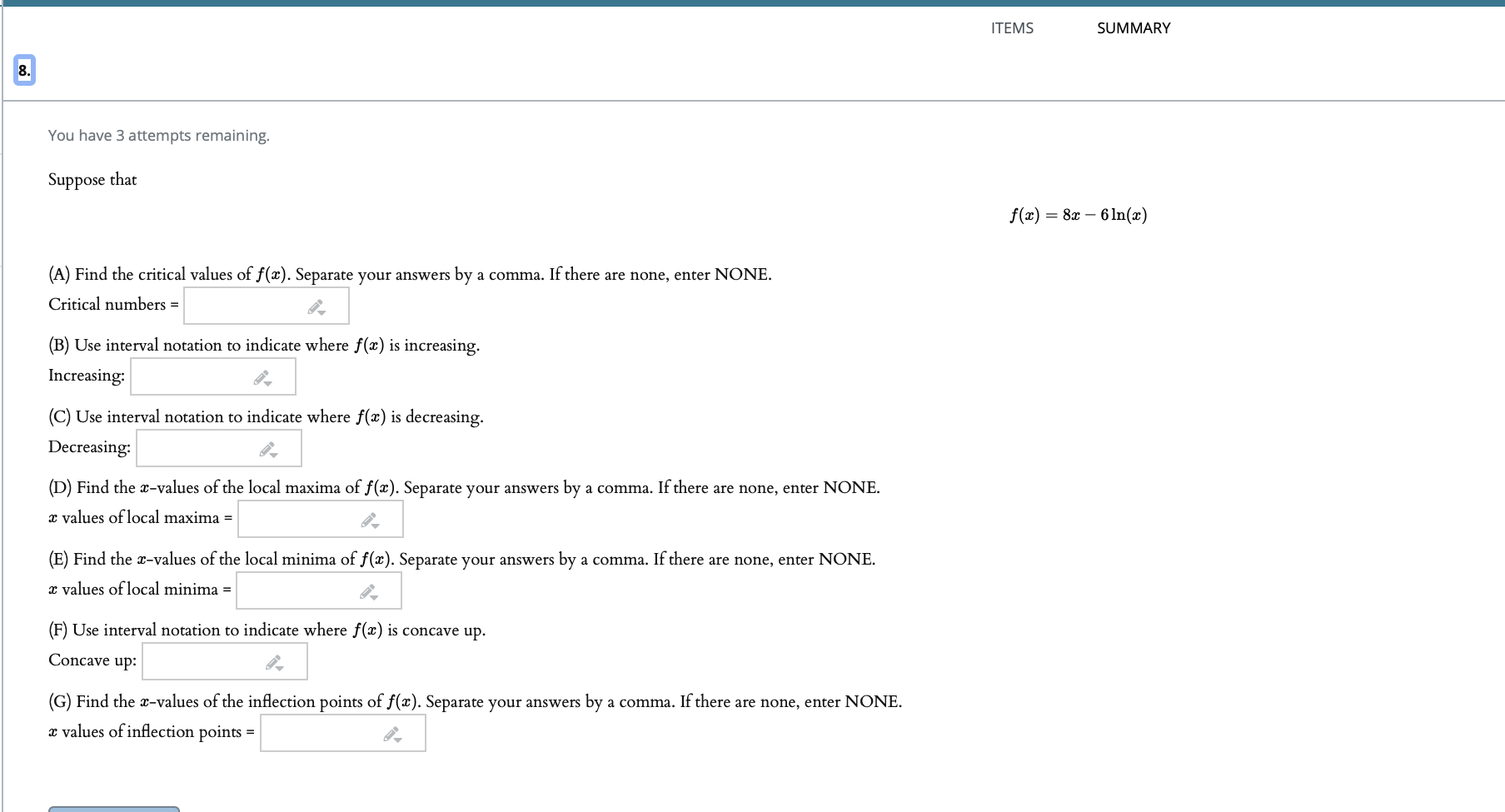 Solved ITEMS SUMMARY 8. You have 3 attempts remaining. | Chegg.com